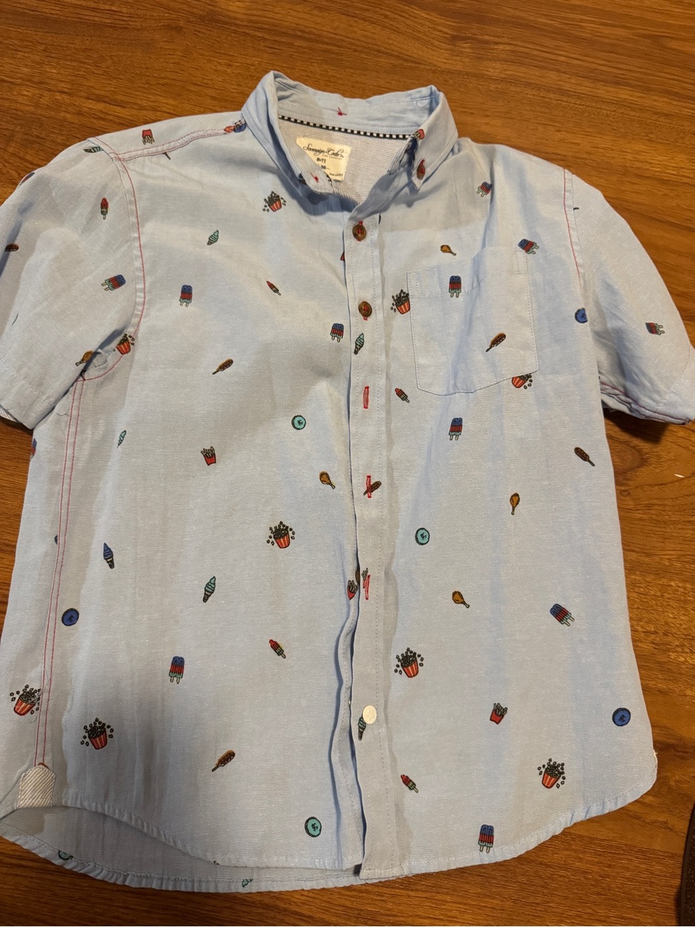 Light Blue Short-Sleeve Button-Up Shirt with Summer Print - Kids
